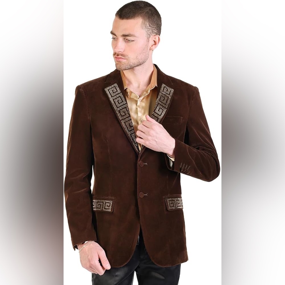 Brown Velvet Blazer with Greek Key Trim